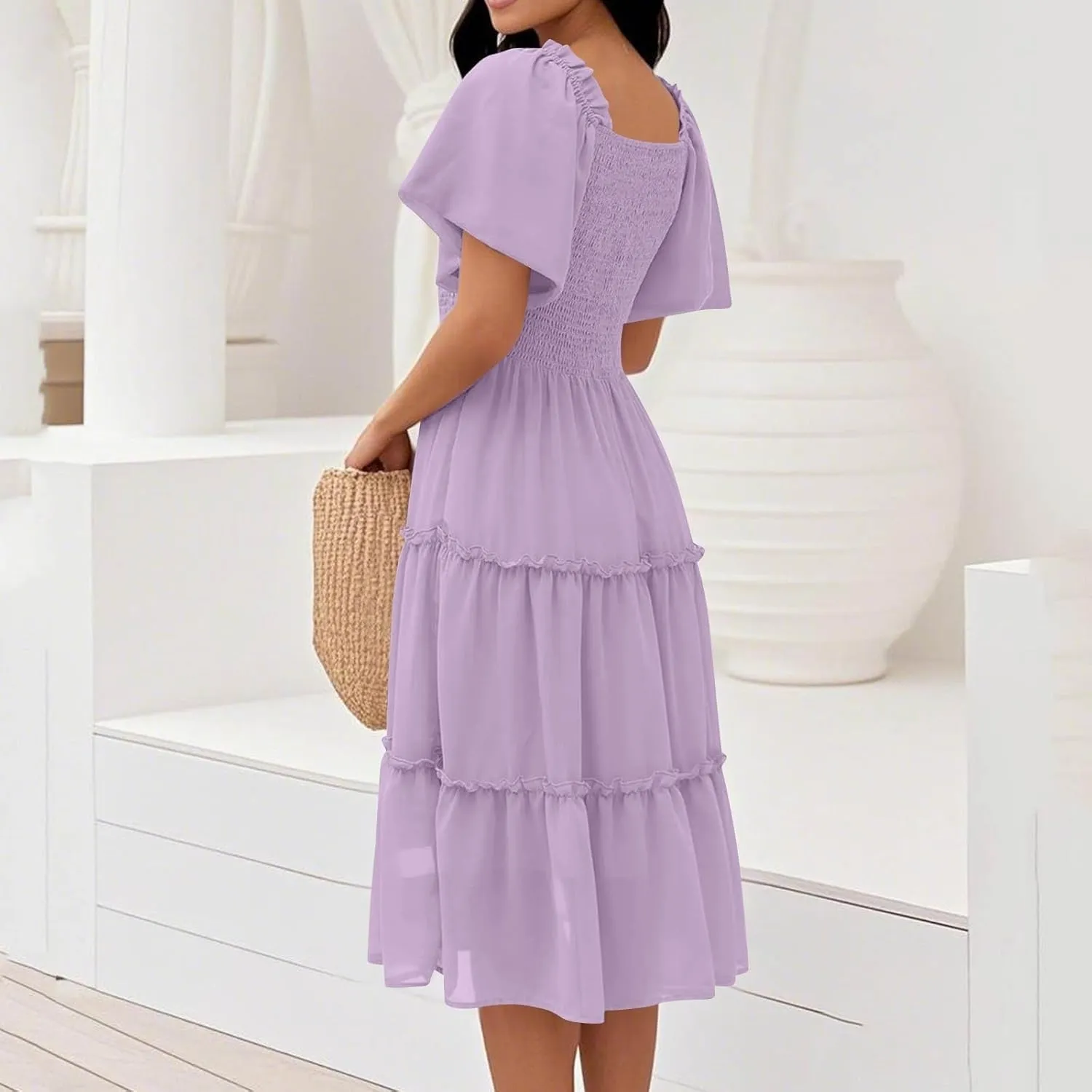 Women Summer Dresses 2025 Square Neck Flutter Sleeve Solid Color High Waist Casual Smocked Flowy A Line Tiered Midi Dress