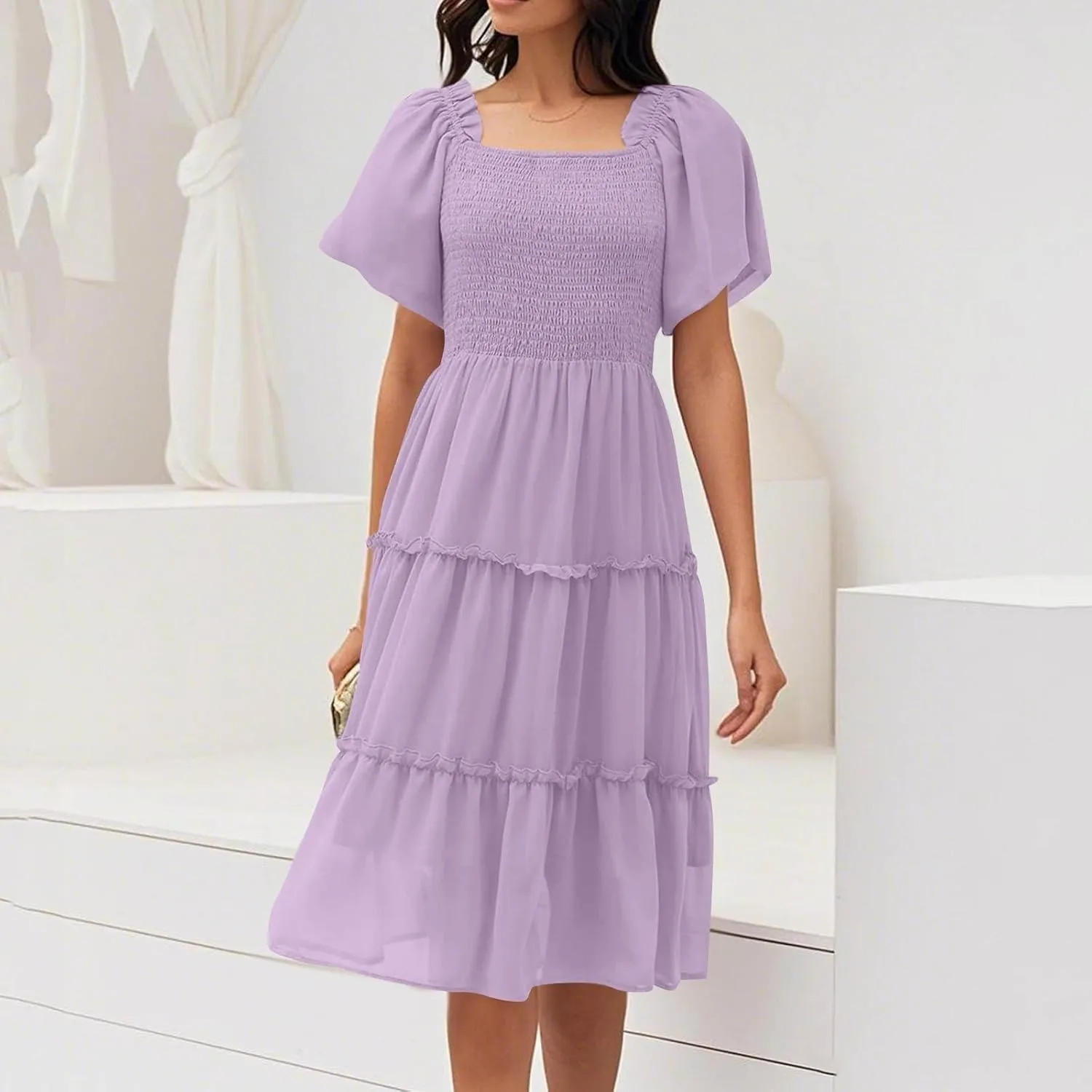 Women Summer Dresses 2025 Square Neck Flutter Sleeve Solid Color High Waist Casual Smocked Flowy A Line Tiered Midi Dress
