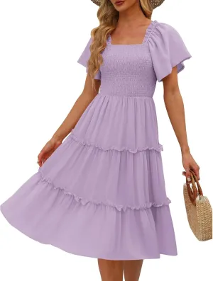 Women Summer Dresses 2025 Square Neck Flutter Sleeve Solid Color High Waist Casual Smocked Flowy A Line Tiered Midi Dress