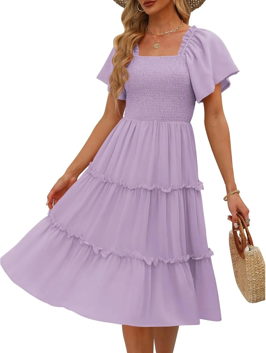 Women Summer Dresses 2025 Square Neck Flutter Sleeve Solid Color High Waist Casual Smocked Flowy A Line Tiered Midi Dress