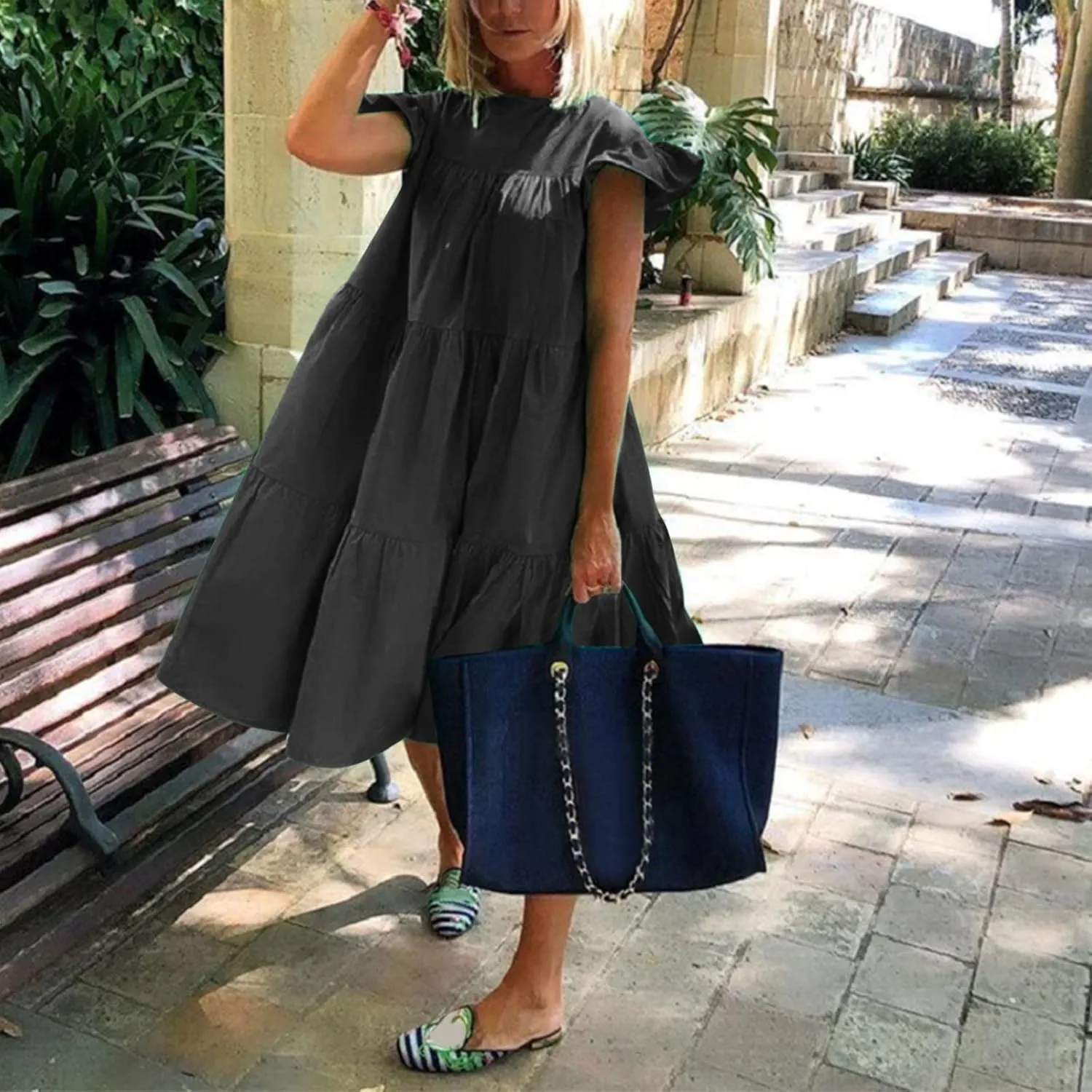 Women Summer Ruffle Loose Swing Casual Dress Summer Dresses Sleeveless Ruffle Sleeve Round Neck Solid Flowy Babydoll Dress