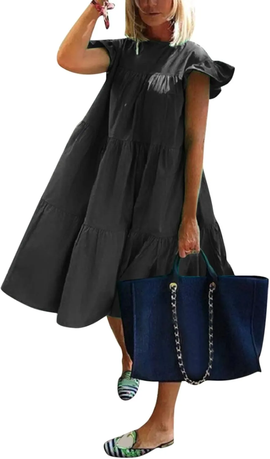 Women Summer Ruffle Loose Swing Casual Dress Summer Dresses Sleeveless Ruffle Sleeve Round Neck Solid Flowy Babydoll Dress