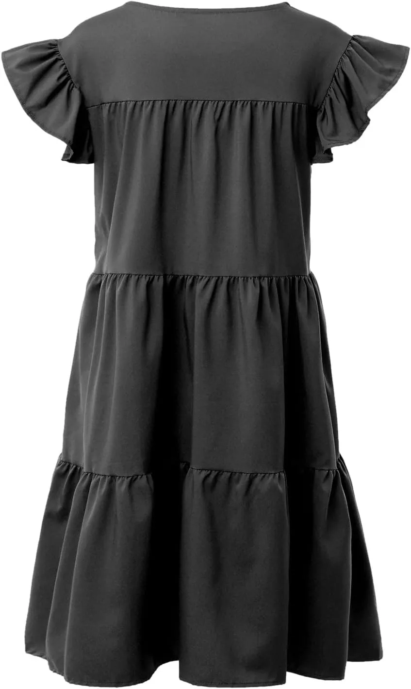 Women Summer Ruffle Loose Swing Casual Dress Summer Dresses Sleeveless Ruffle Sleeve Round Neck Solid Flowy Babydoll Dress