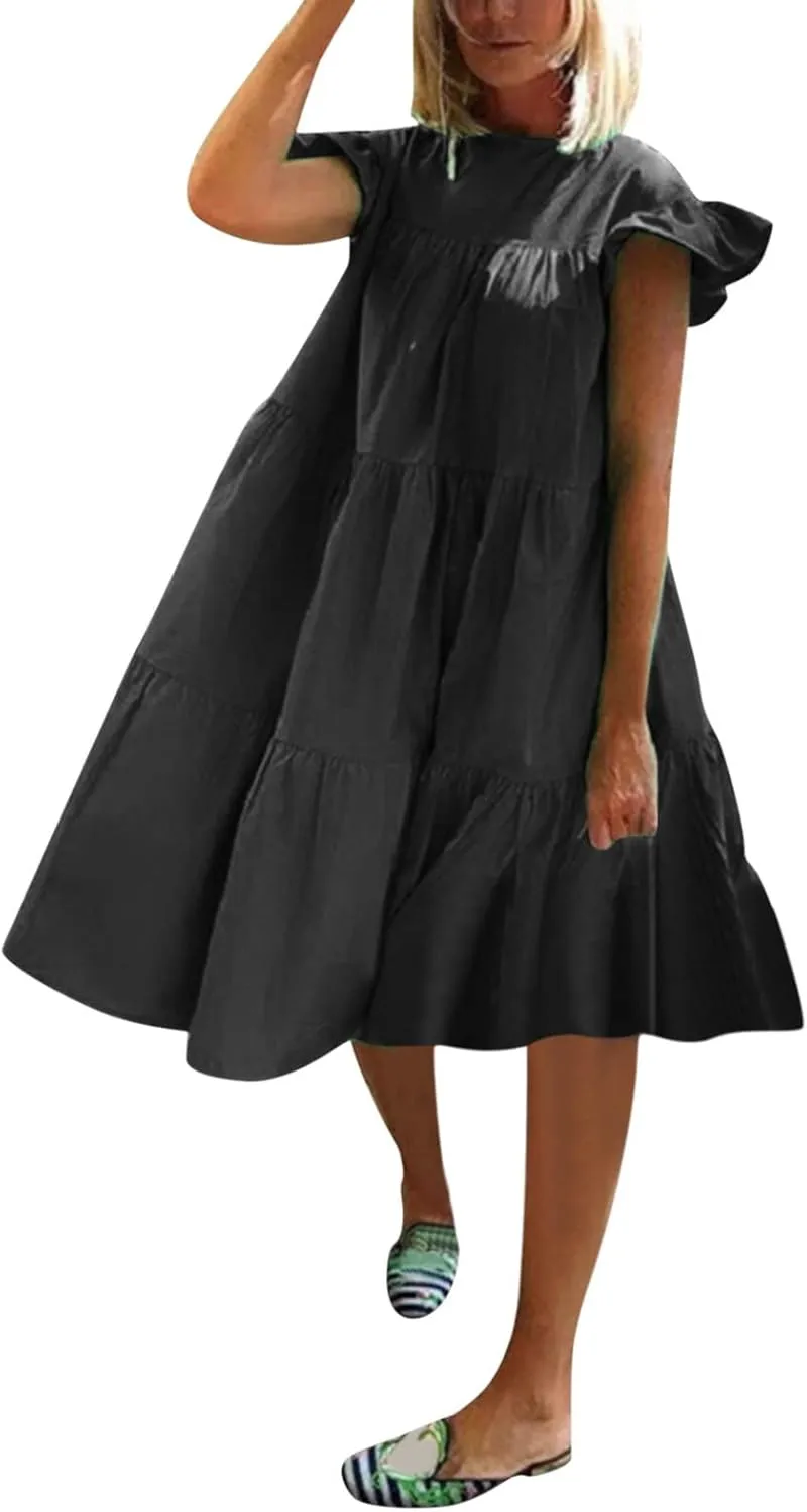 Women Summer Ruffle Loose Swing Casual Dress Summer Dresses Sleeveless Ruffle Sleeve Round Neck Solid Flowy Babydoll Dress