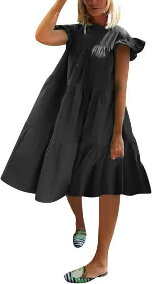 Women Summer Ruffle Loose Swing Casual Dress Summer Dresses Sleeveless Ruffle Sleeve Round Neck Solid Flowy Babydoll Dress