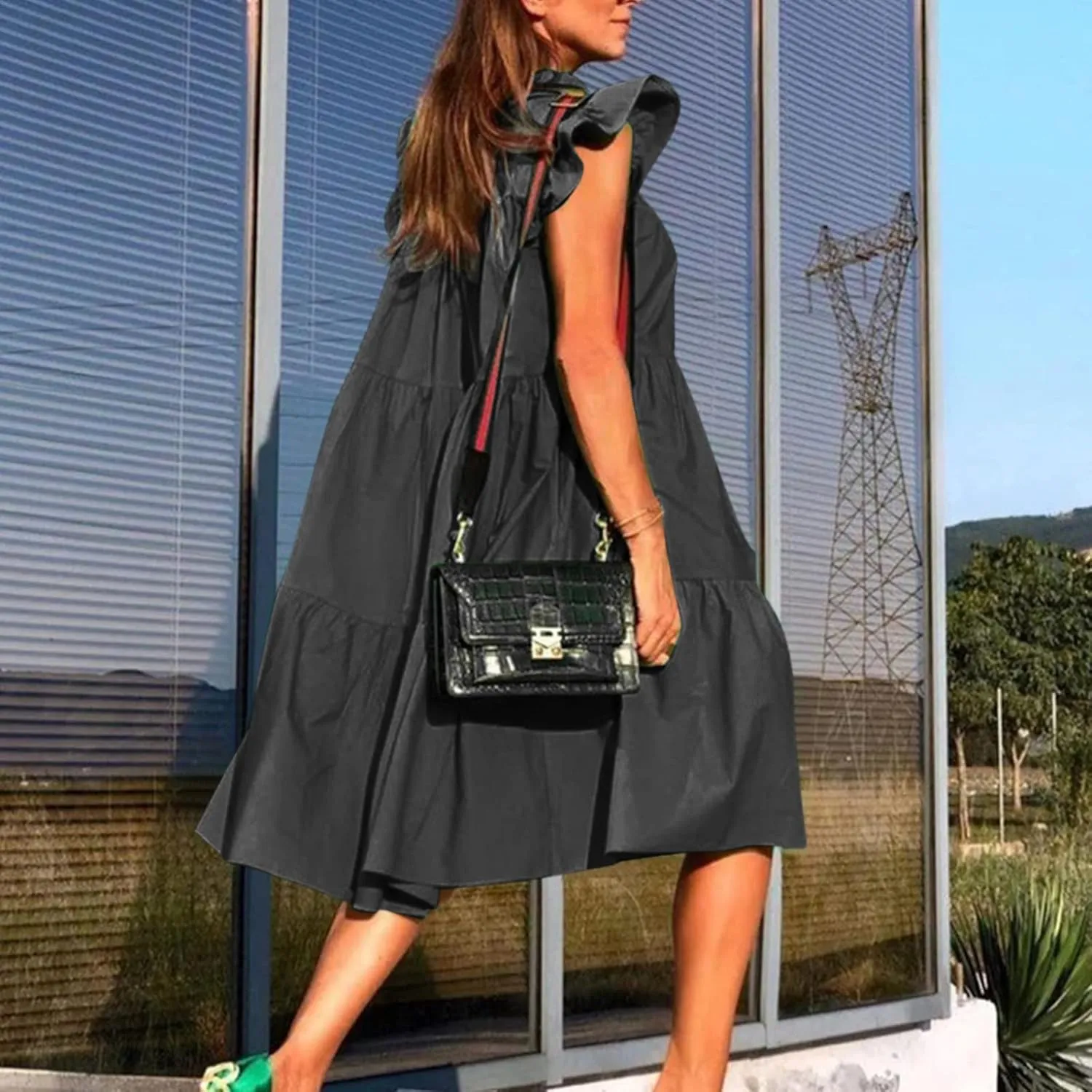 Women Summer Ruffle Loose Swing Casual Dress Summer Dresses Sleeveless Ruffle Sleeve Round Neck Solid Flowy Babydoll Dress