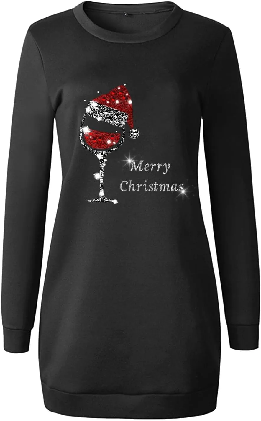 Women Sweater Shirts Merry Christmas Print Long Sleeve Crewneck Casual Solid Color Work Office Midi Pullover Dress
