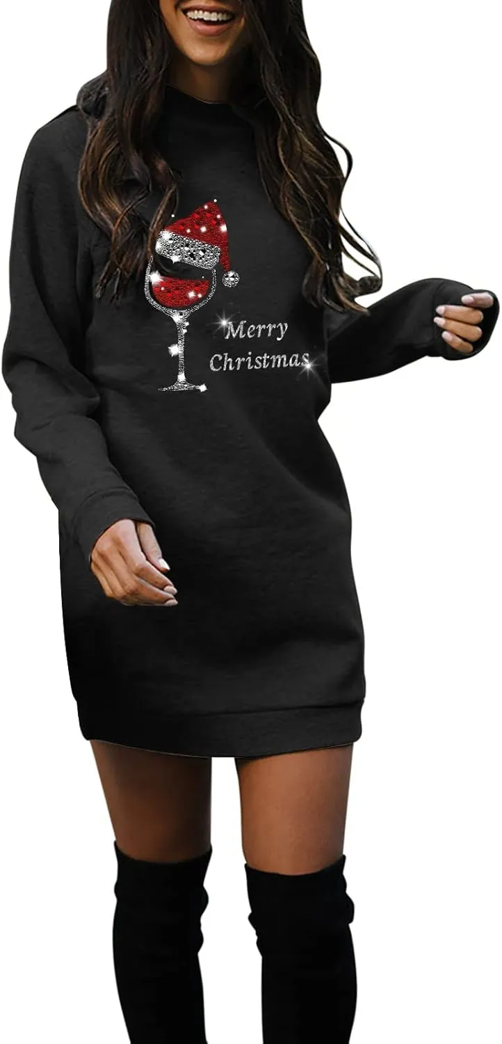 Women Sweater Shirts Merry Christmas Print Long Sleeve Crewneck Casual Solid Color Work Office Midi Pullover Dress