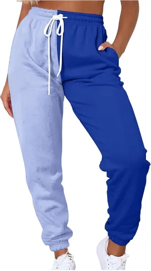 Women Sweatpant Casual Color Block Patchwork Trouser Elastic High Waist Drawstring Joggers Baggy Pants with Pockets