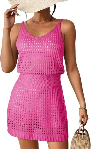 Women Swimsuit Cover Up Summer Crochet Hollow Out Knit Beach Dress Vacation Mini Dress Bikini Beachwear