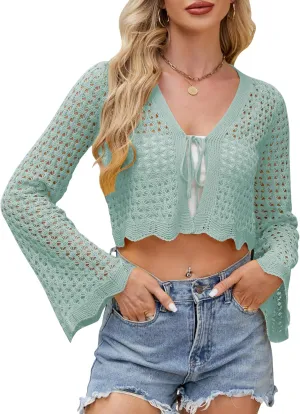 Women Tie Front Cropped Cardigan Crochet Bolero Shrug Sweater Bell Sleeve Knit Crop Top