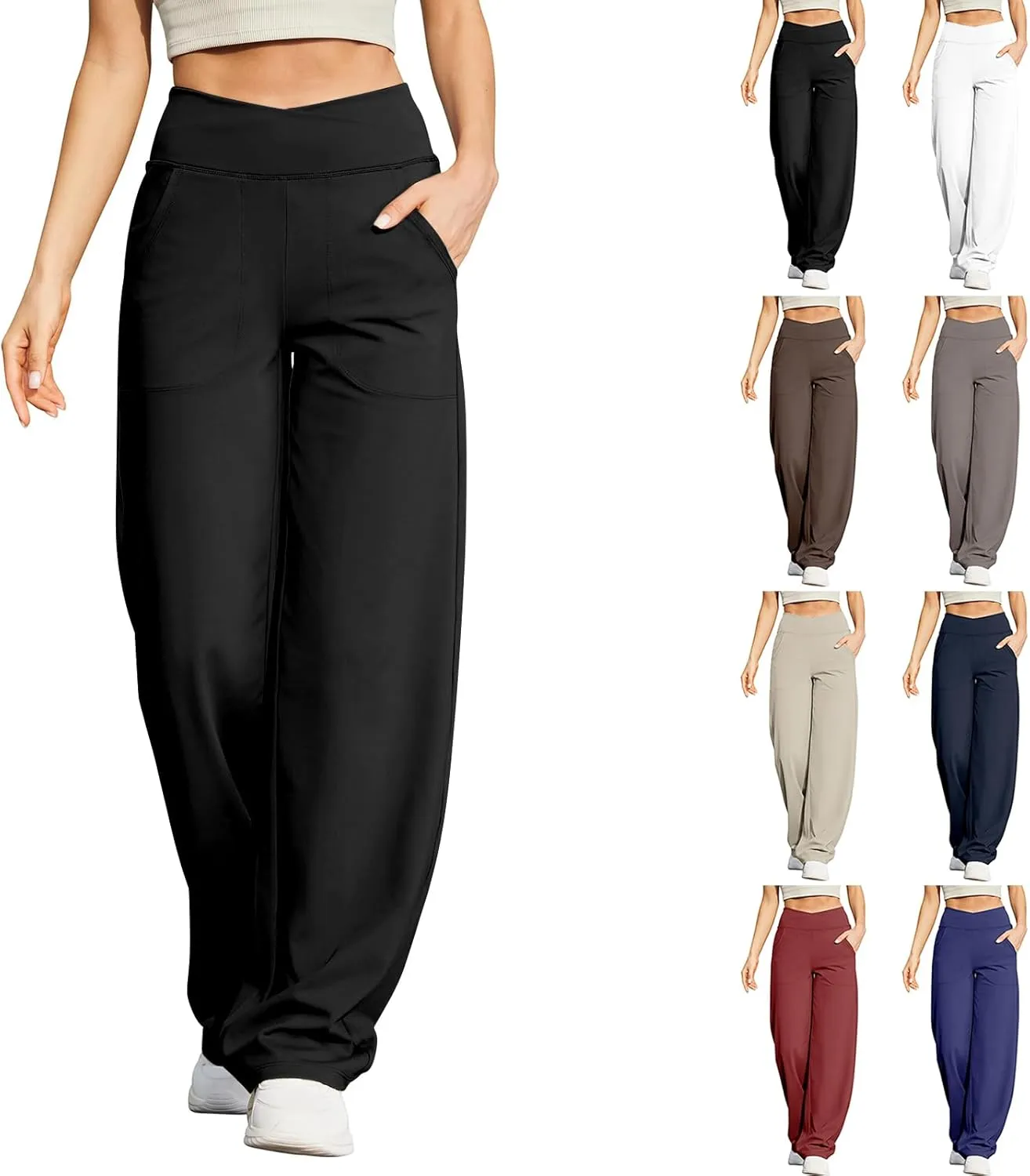 Women Wide Leg Yoga Pants Crossover Yoga Pants with Pockets Tummy Control Flare Leggings Lounge Athletic Pants