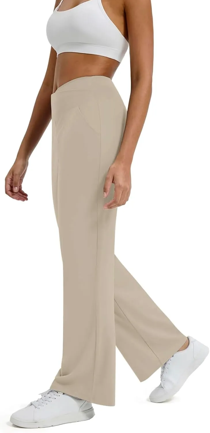 Women Wide Leg Yoga Pants Crossover Yoga Pants with Pockets Tummy Control Flare Leggings Lounge Athletic Pants