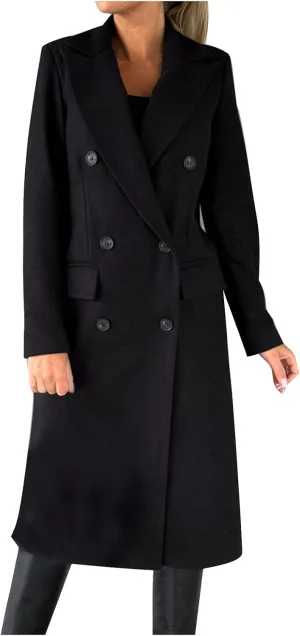 Women Winter Wool Blend Mid-Long Pea Coats Notch Lapel Trench Coat Double-Breasted Jacket Outwear Fashion Overcoats