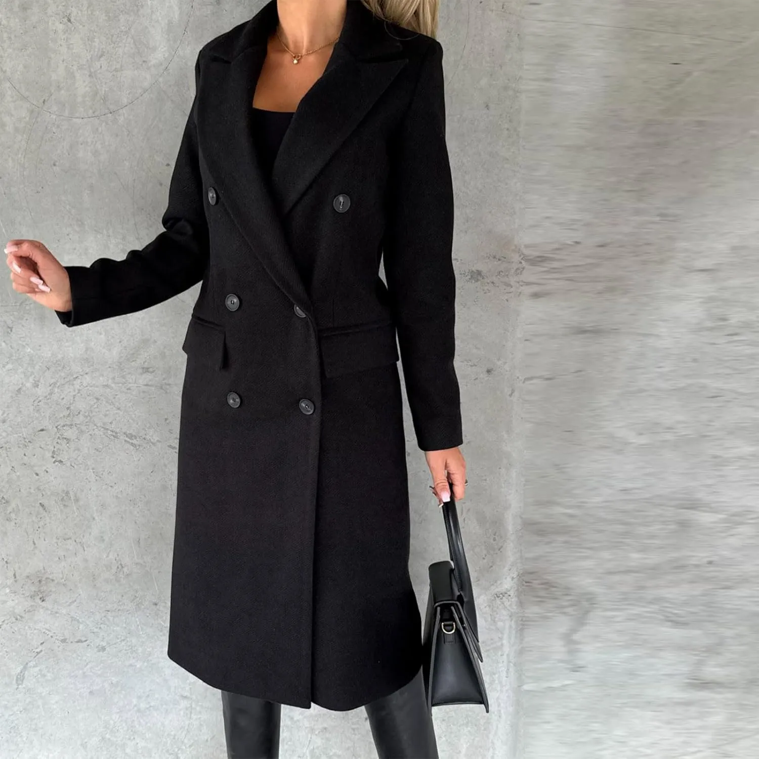 Women Winter Wool Blend Mid-Long Pea Coats Notch Lapel Trench Coat Double-Breasted Jacket Outwear Fashion Overcoats