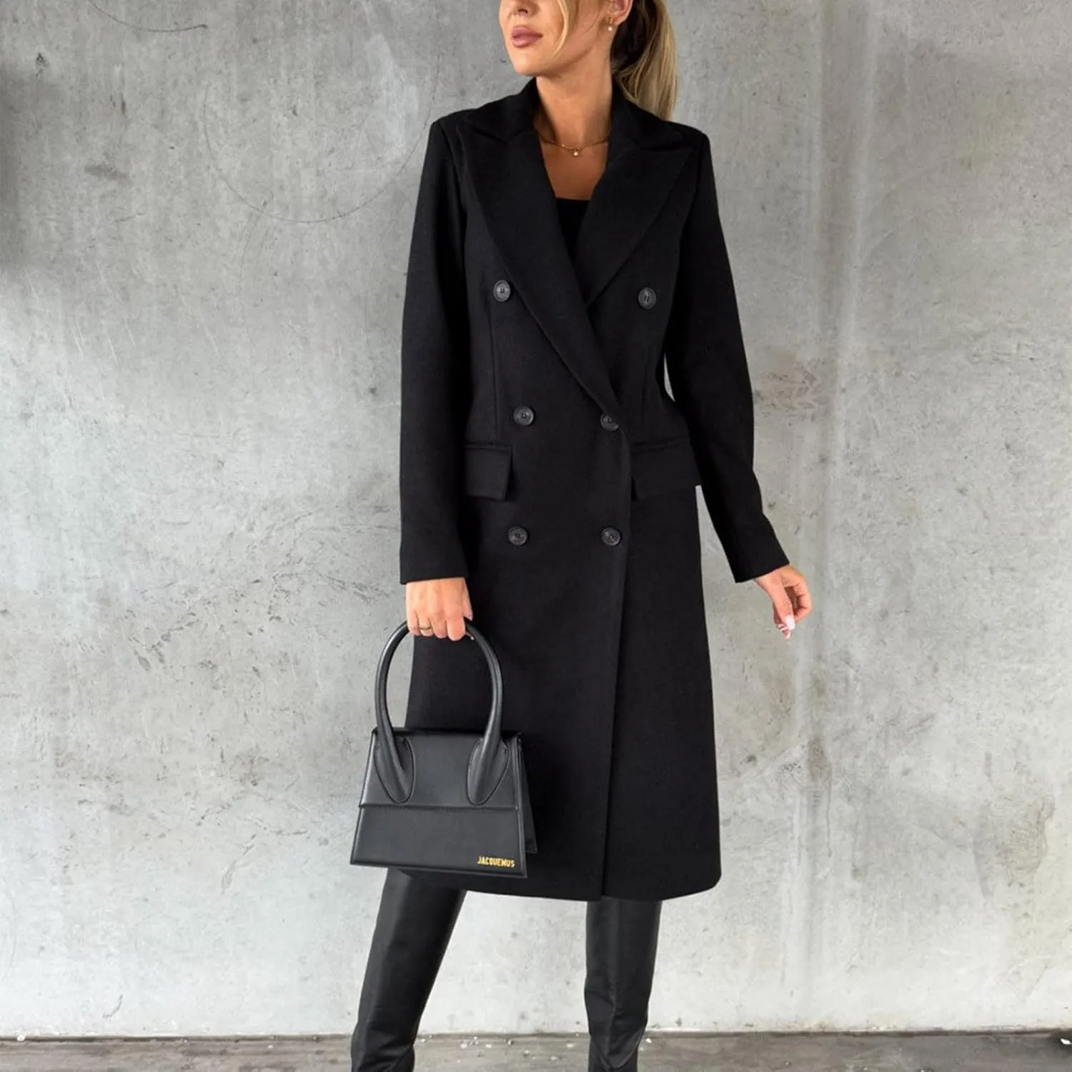 Women Winter Wool Blend Mid-Long Pea Coats Notch Lapel Trench Coat Double-Breasted Jacket Outwear Fashion Overcoats