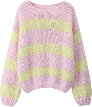 Women Y2k Oversized Striped Sweater Vintage Color Block Crew Neck Chunky Long Sleeve Pullover Harajuku Jumper