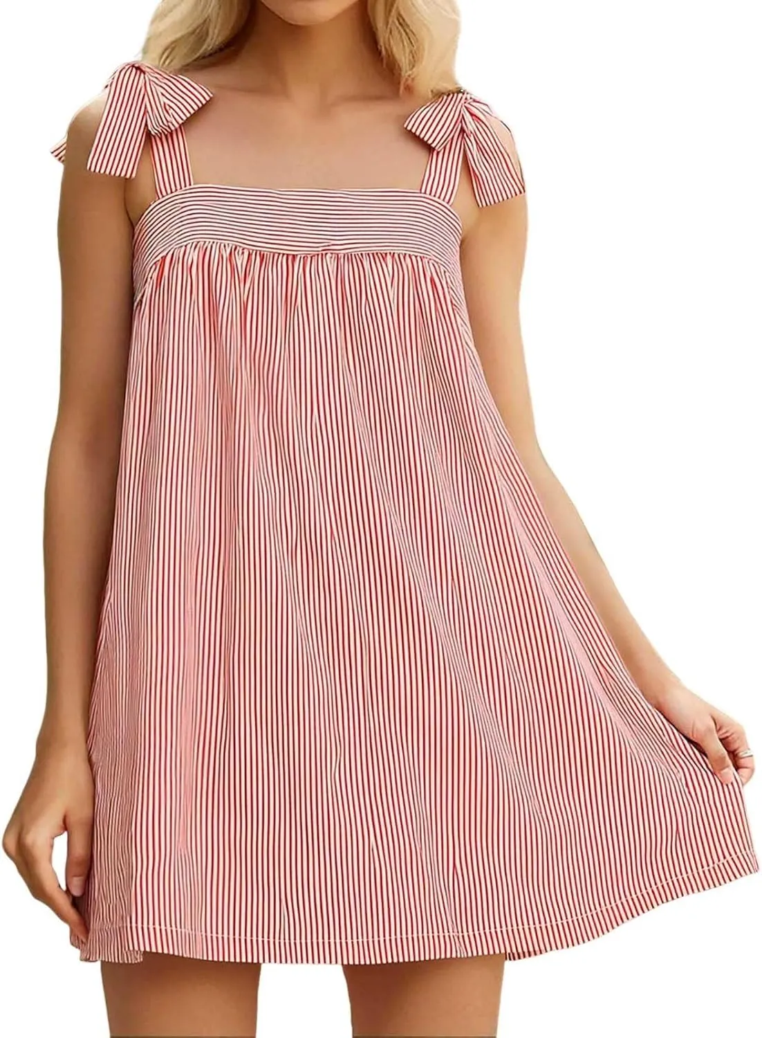 Women Y2K Tie Shoulder Mini Dress Square Neck Floral Ruffle Flowy Babydoll Dress Summer Bow Strap Boho Short Dresses