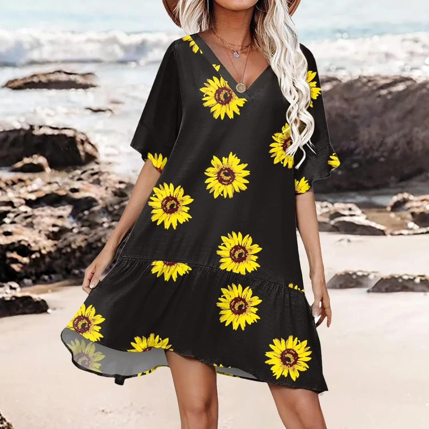 Womens 2024 Boho Loose Swing Midi Dresses Short Sleeve V Neck Ruffle Summer Dress Beach Party Sundress