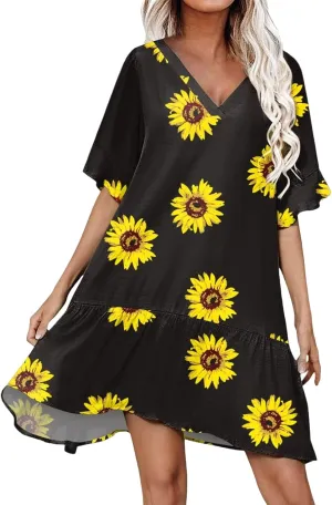 Womens 2024 Boho Loose Swing Midi Dresses Short Sleeve V Neck Ruffle Summer Dress Beach Party Sundress