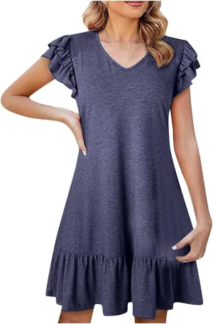 Womens 2025 Summer Dress Ruffle Sleeve V Neck Mini Dresses Fashion Casual Flowy Tiered Boho Beach Vacation Sundress
