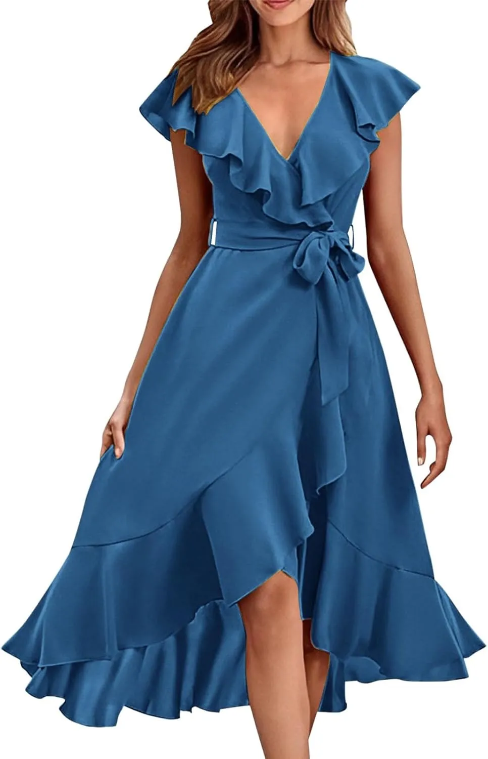 Women's 2025 Summer Wrap Midi Dress Casual Boho Deep V Neck Cocktail Dress Short Sleeve Ruffle Hem Split Beach Long Dresses