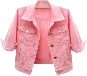 Womens 3/4 Sleeve Short Denim Jacket Plus Size, Basic Lapel Button Down Cropped Casual Jean Jackets Trucker Coats
