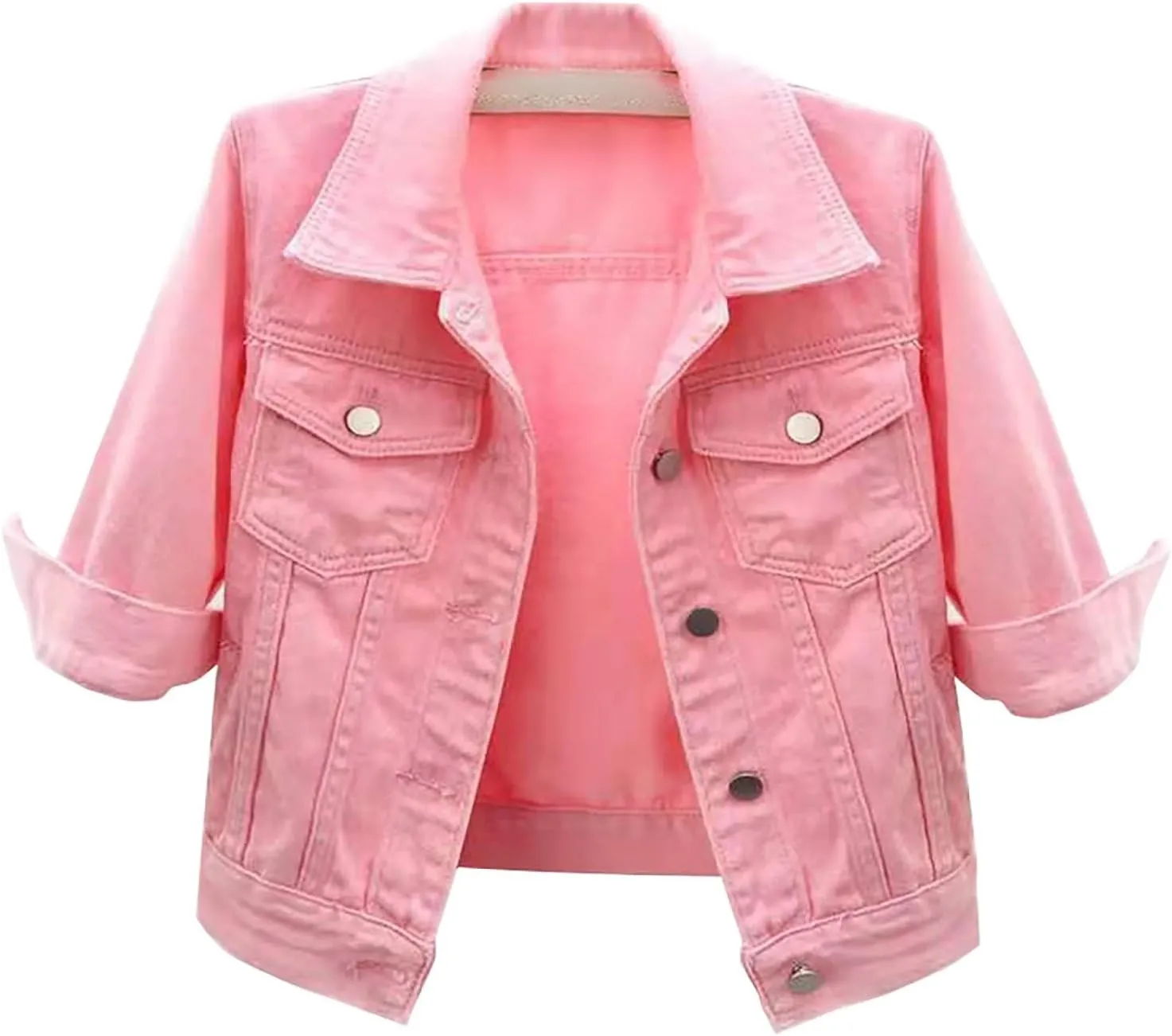 Womens 3/4 Sleeve Short Denim Jacket Plus Size, Basic Lapel Button Down Cropped Casual Jean Jackets Trucker Coats