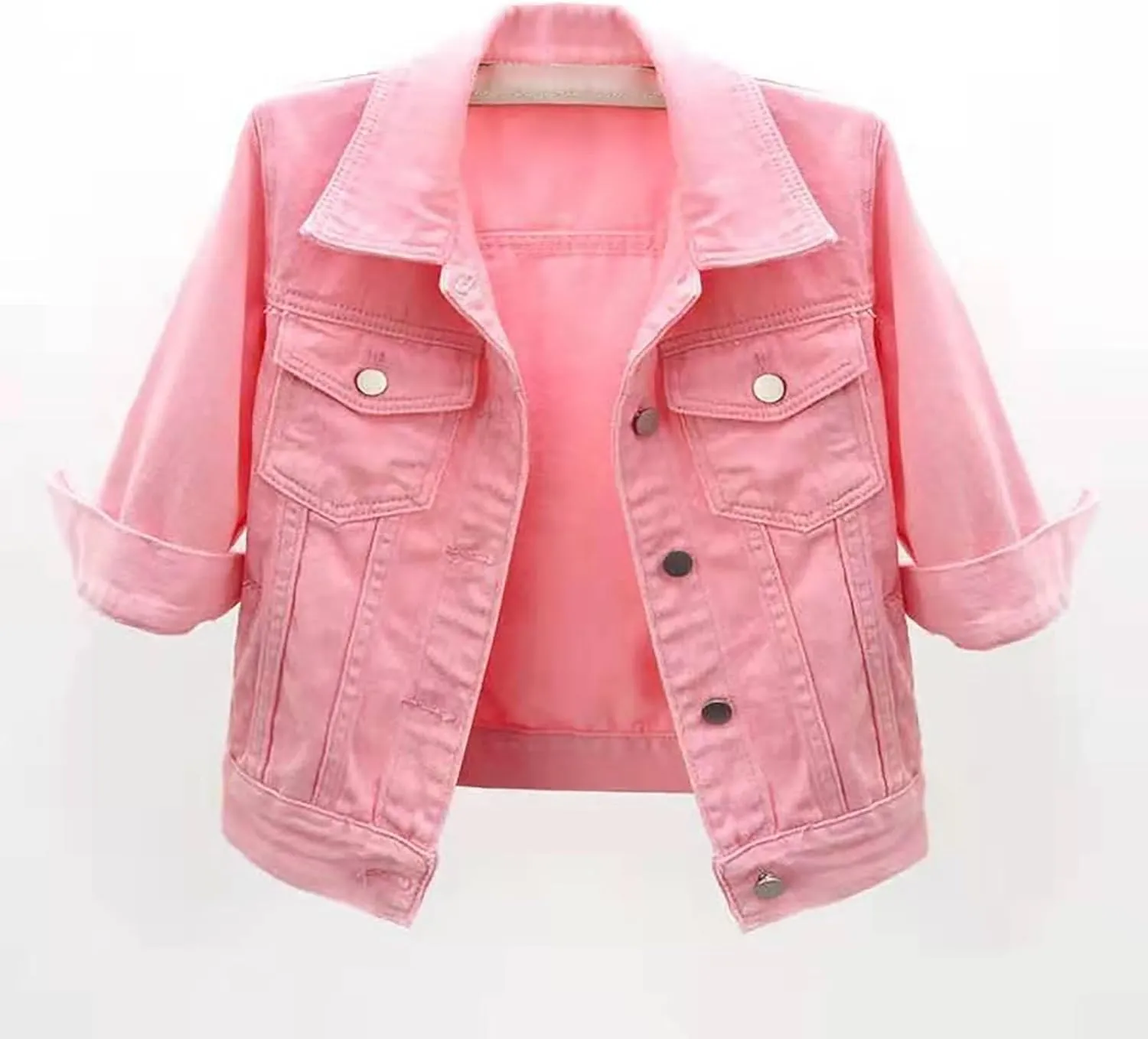 Womens 3/4 Sleeve Short Denim Jacket Plus Size, Basic Lapel Button Down Cropped Casual Jean Jackets Trucker Coats