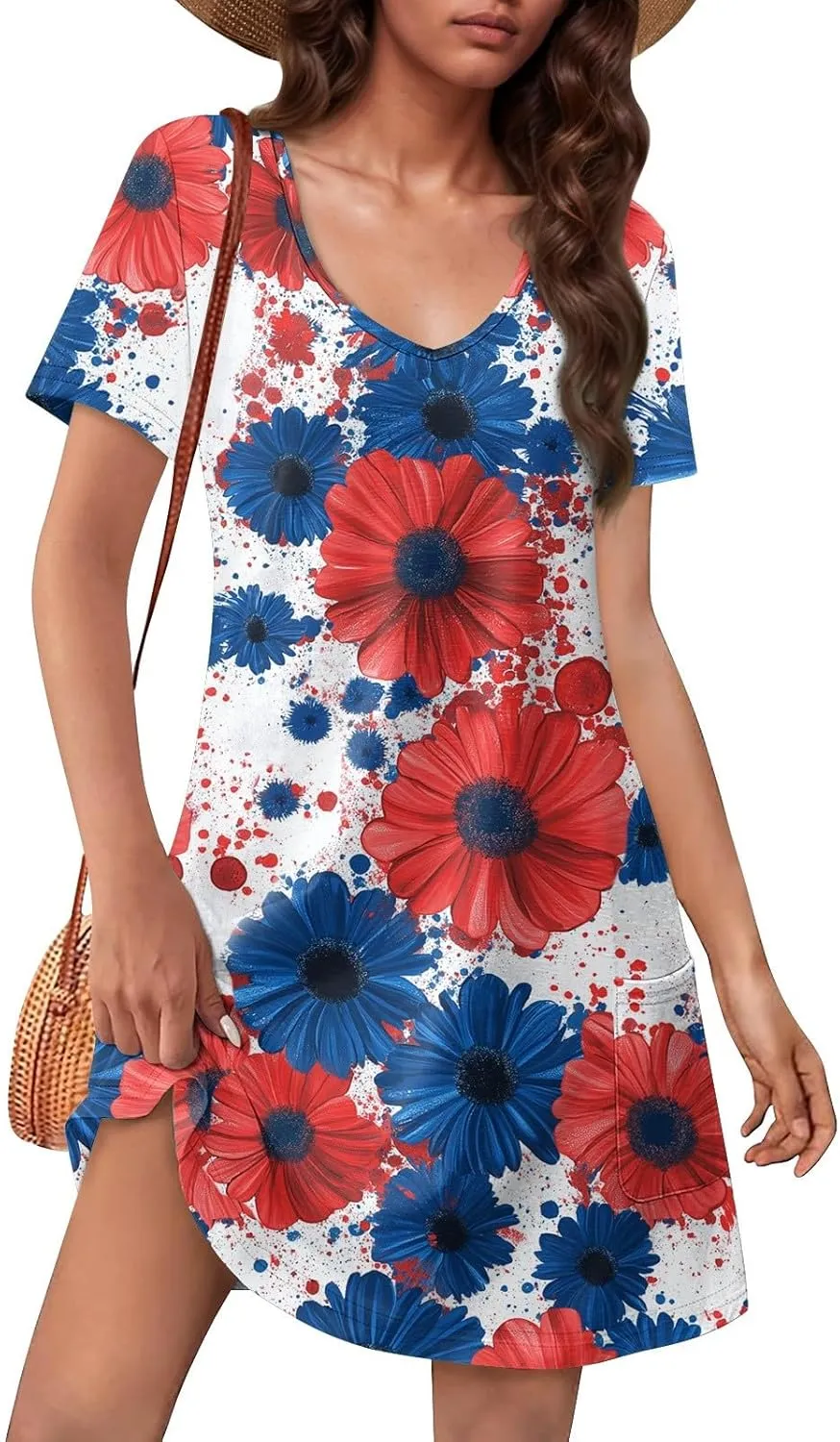 Womens 4 of July Dres V Neck Button Down Patriotic Short Sleeve Summer Midi Flag Dress for Women S,M,L,XL,XXL 34