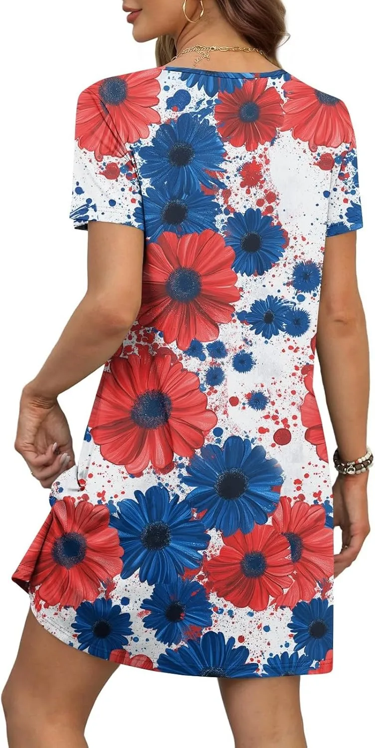 Womens 4 of July Dres V Neck Button Down Patriotic Short Sleeve Summer Midi Flag Dress for Women S,M,L,XL,XXL 34