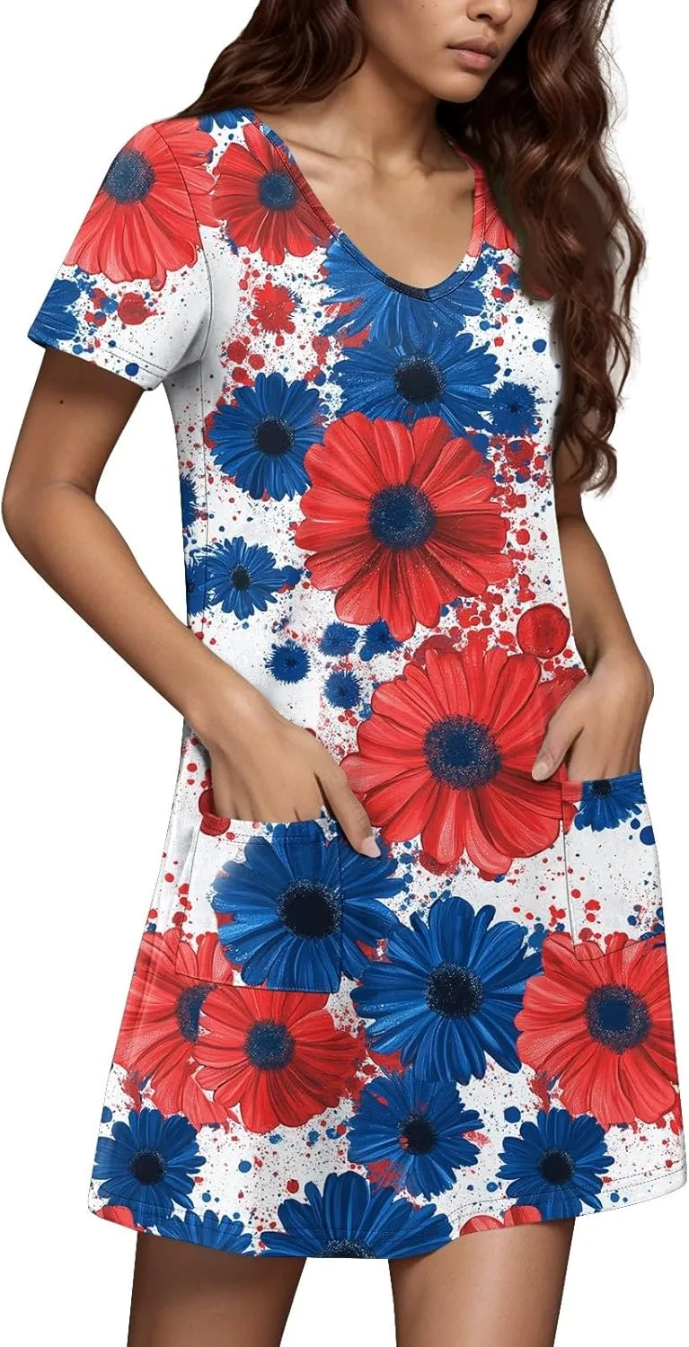 Womens 4 of July Dres V Neck Button Down Patriotic Short Sleeve Summer Midi Flag Dress for Women S,M,L,XL,XXL 34