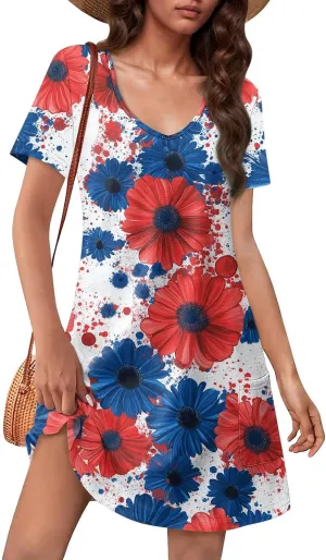 Womens 4 of July Dres V Neck Button Down Patriotic Short Sleeve Summer Midi Flag Dress for Women S,M,L,XL,XXL 34