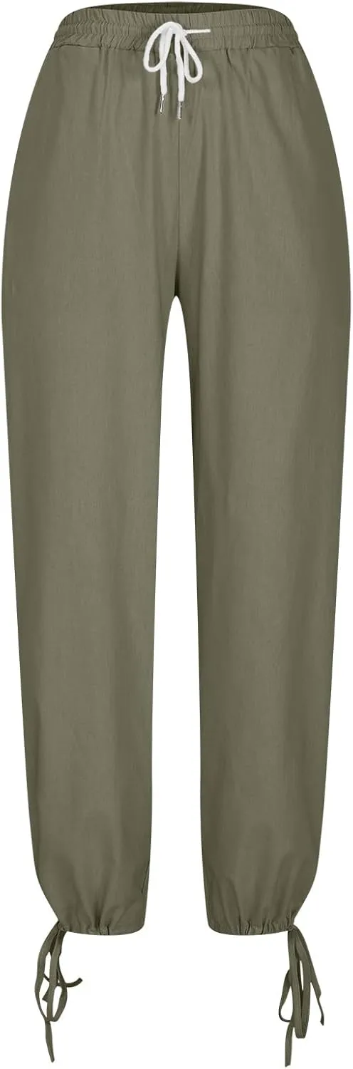 Womens Beach Pants Summer Casual Loose Plus Size Pants Work Drawstring High Waisted Linen Pants Trousers with Pckets