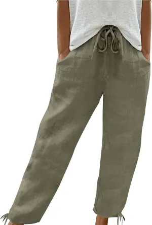 Womens Beach Pants Summer Casual Loose Plus Size Pants Work Drawstring High Waisted Linen Pants Trousers with Pckets