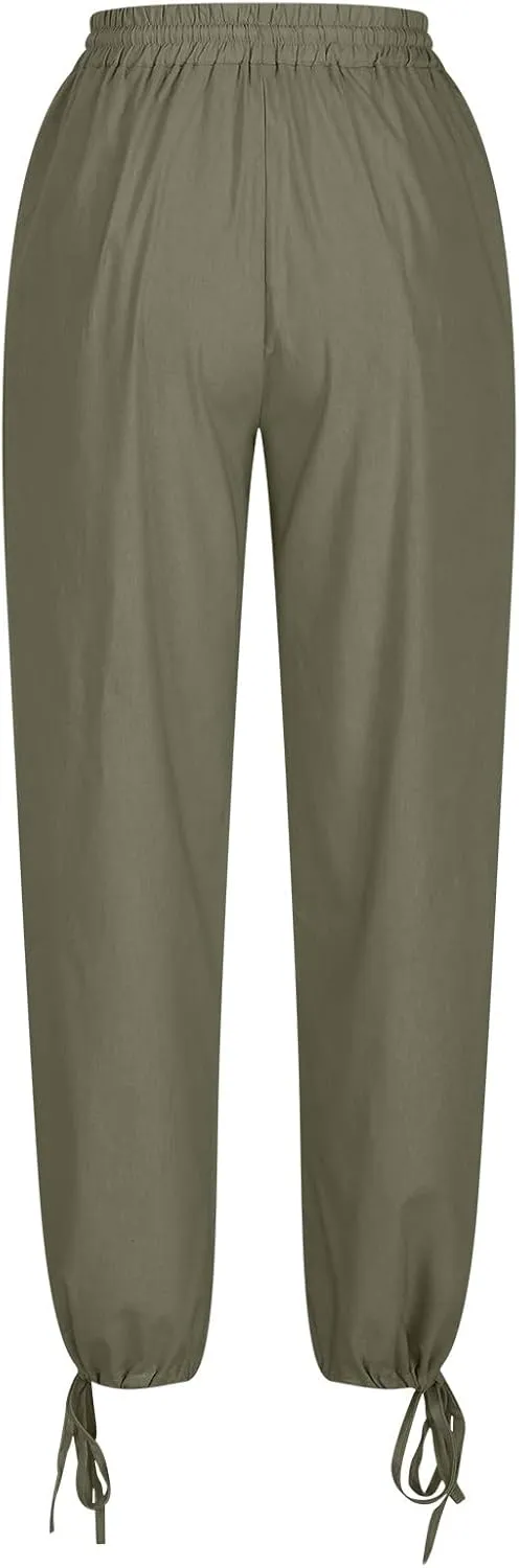 Womens Beach Pants Summer Casual Loose Plus Size Pants Work Drawstring High Waisted Linen Pants Trousers with Pckets