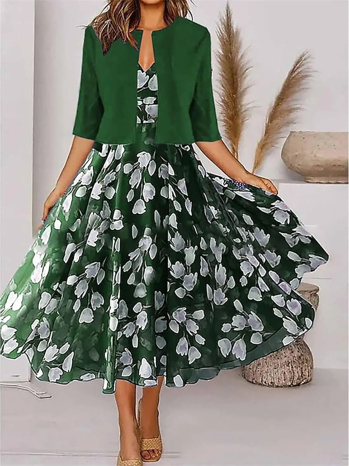 Womens Boho Floral Maxi Dress with Cardigan 2 Piece Set Sleeveless Tank Dress Cropped Jacket Flowy Wedding Guest Dress
