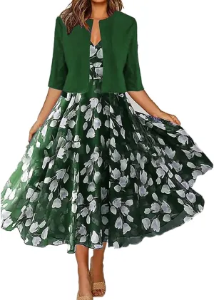 Womens Boho Floral Maxi Dress with Cardigan 2 Piece Set Sleeveless Tank Dress Cropped Jacket Flowy Wedding Guest Dress