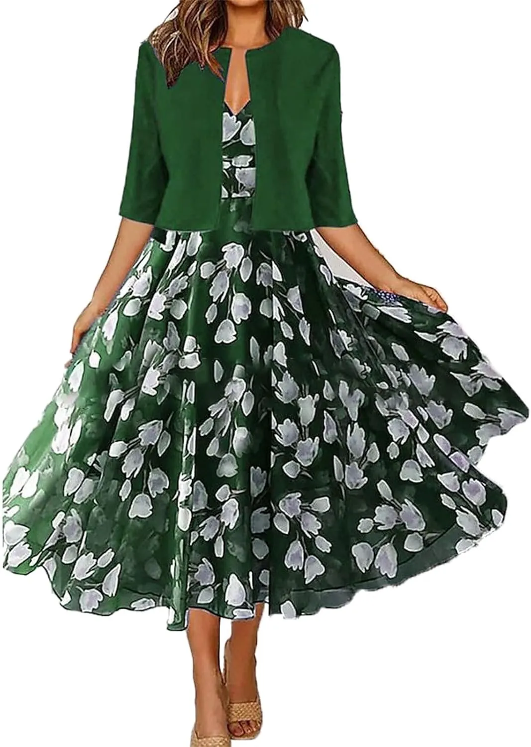 Womens Boho Floral Maxi Dress with Cardigan 2 Piece Set Sleeveless Tank Dress Cropped Jacket Flowy Wedding Guest Dress