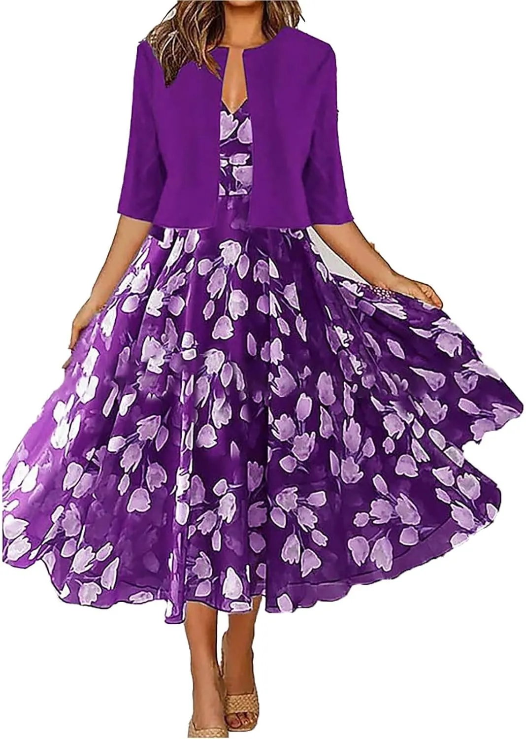 Womens Boho Floral Maxi Dress with Cardigan 2 Piece Set Sleeveless Tank Dress Cropped Jacket Flowy Wedding Guest Dress