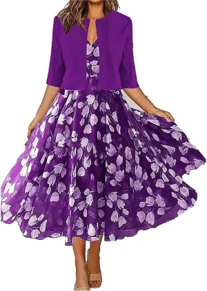 Womens Boho Floral Maxi Dress with Cardigan 2 Piece Set Sleeveless Tank Dress Cropped Jacket Flowy Wedding Guest Dress