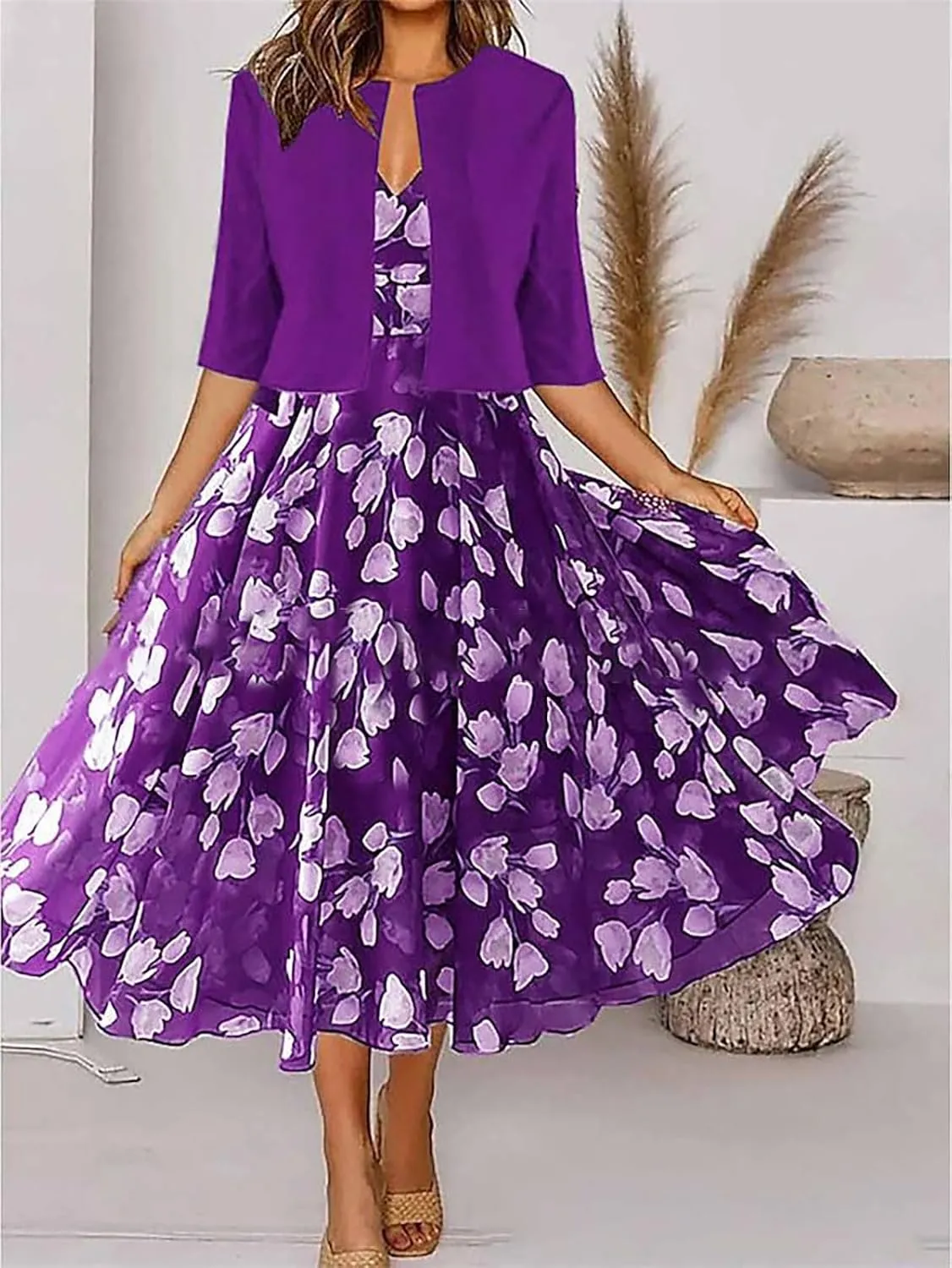 Womens Boho Floral Maxi Dress with Cardigan 2 Piece Set Sleeveless Tank Dress Cropped Jacket Flowy Wedding Guest Dress