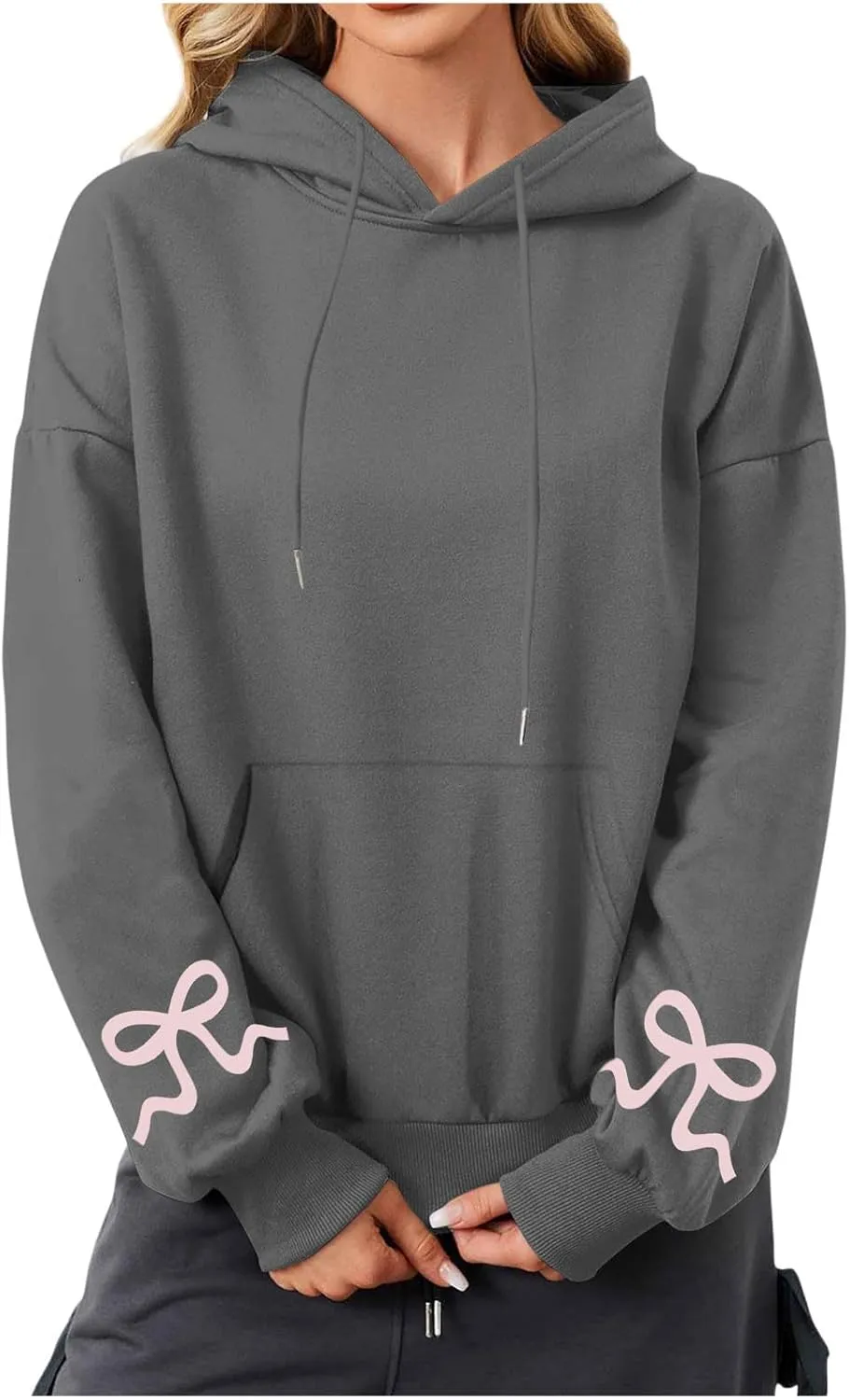 Womens Bow Trim Print Fleeced Hoodies Oversized Long Sleeve Hooded Sweatshirts Cute Print Drop Shoulder Pullover Top