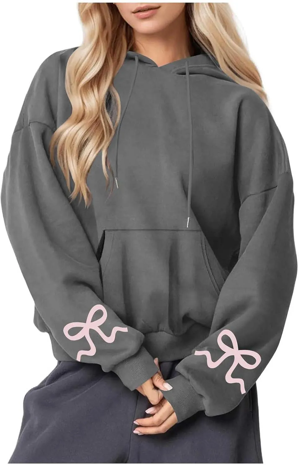 Womens Bow Trim Print Fleeced Hoodies Oversized Long Sleeve Hooded Sweatshirts Cute Print Drop Shoulder Pullover Top