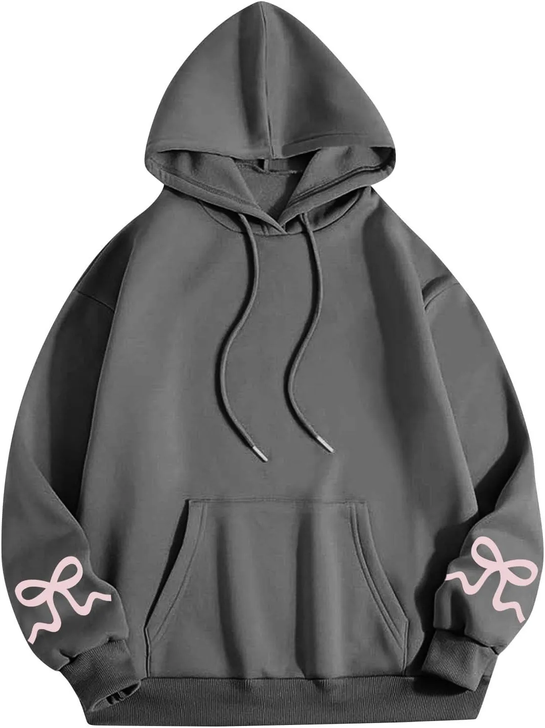 Womens Bow Trim Print Fleeced Hoodies Oversized Long Sleeve Hooded Sweatshirts Cute Print Drop Shoulder Pullover Top
