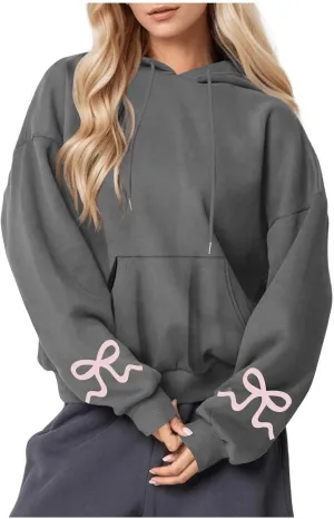 Womens Bow Trim Print Fleeced Hoodies Oversized Long Sleeve Hooded Sweatshirts Cute Print Drop Shoulder Pullover Top