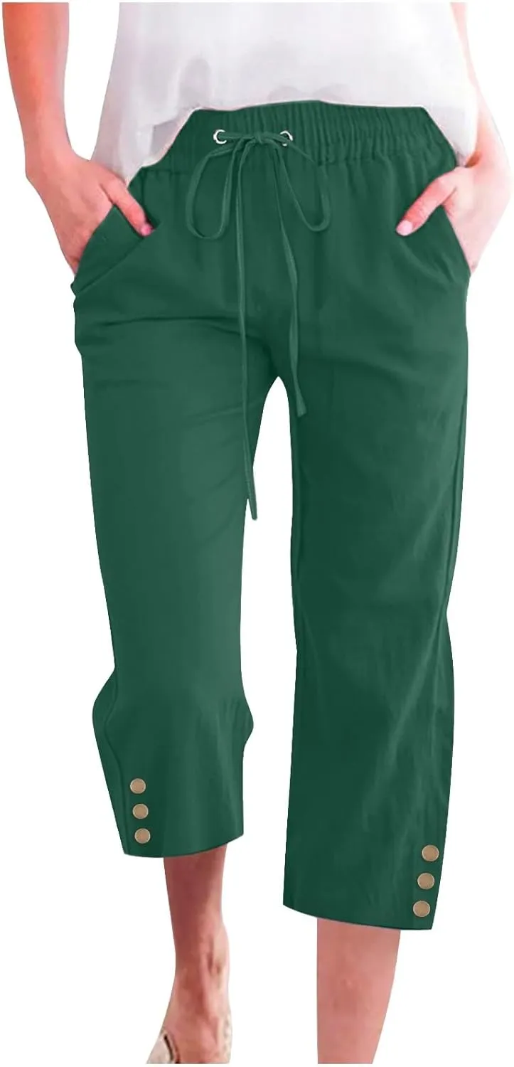 Womens Capris Pants High Waist Drawstring Comfy Casual Pants Lightweight Loose Trousers Buttons Trim with Pockets