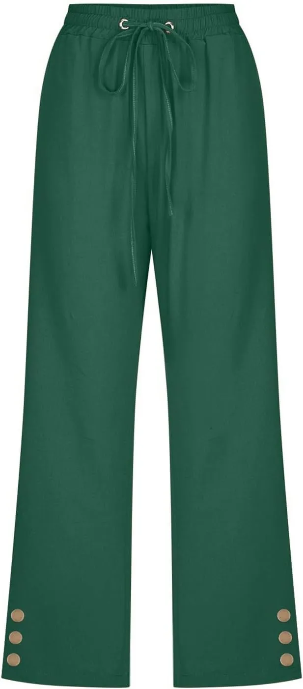 Womens Capris Pants High Waist Drawstring Comfy Casual Pants Lightweight Loose Trousers Buttons Trim with Pockets