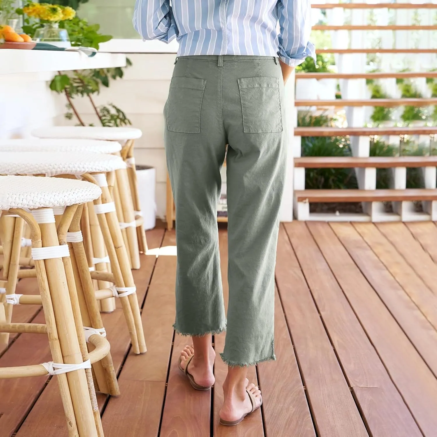 Womens Cargo Pants, Plaid Peasant Pants Linen Casual Straight Leg 2025 Loose
