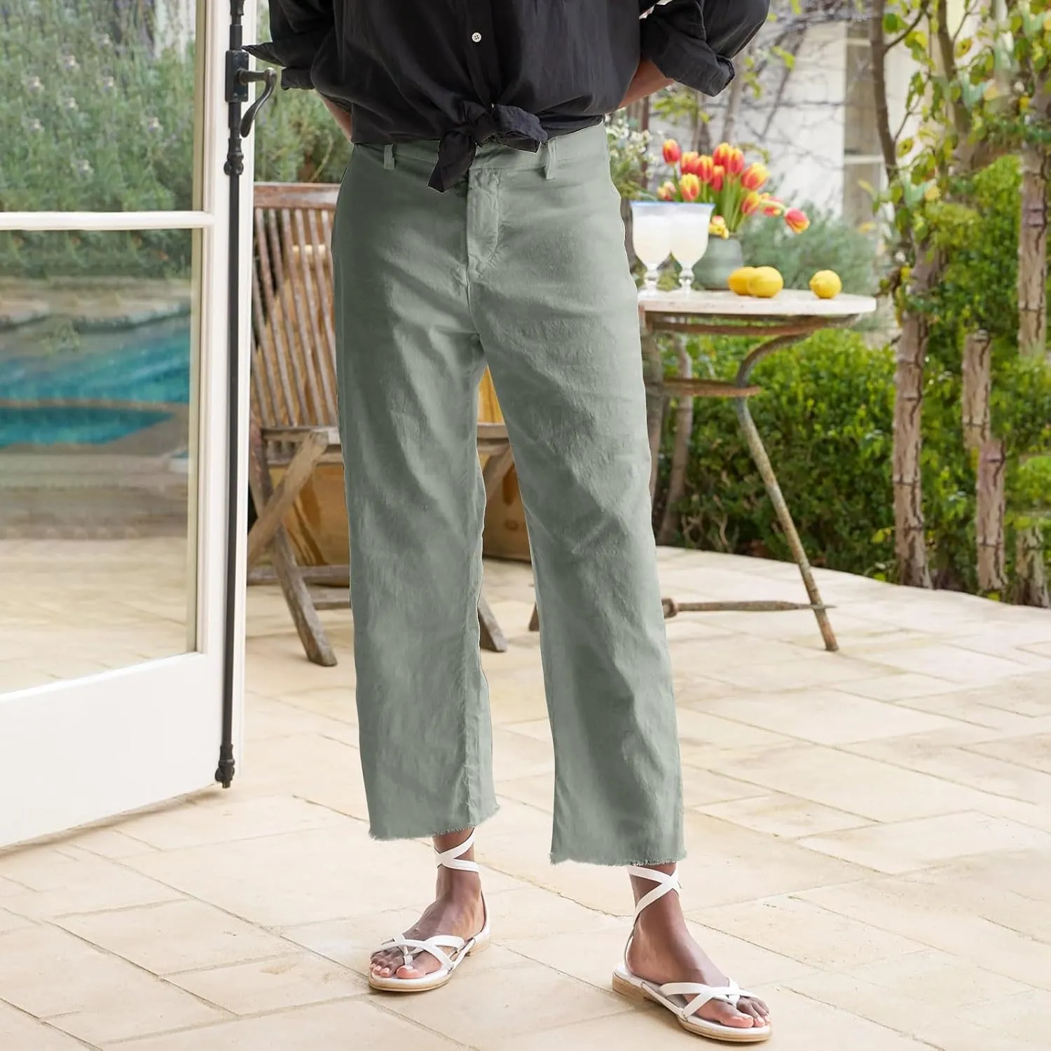 Womens Cargo Pants, Plaid Peasant Pants Linen Casual Straight Leg 2025 Loose
